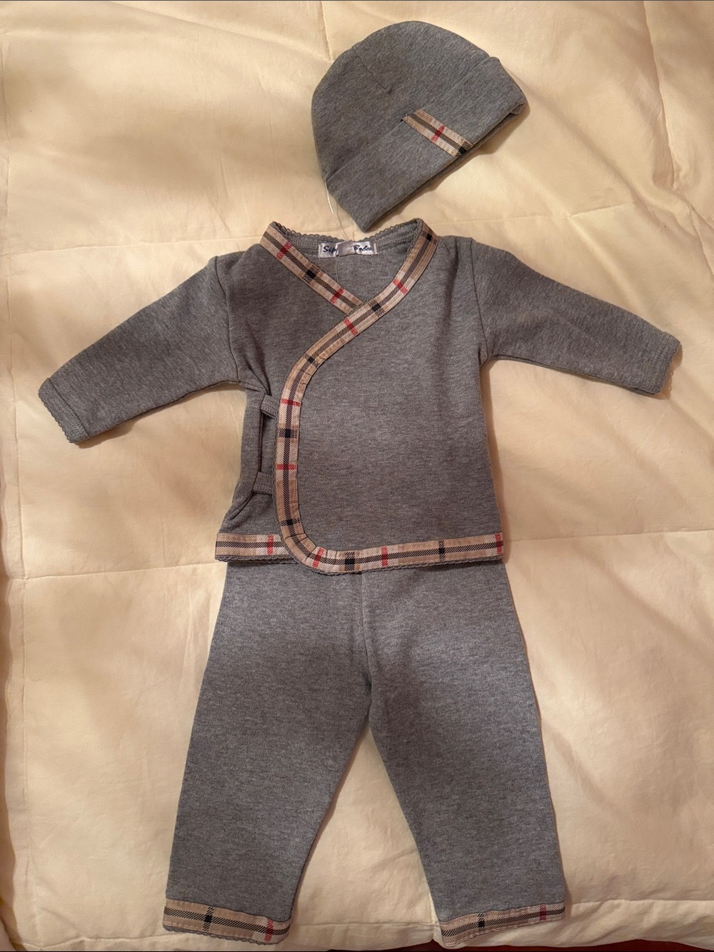 NWT Gray Baby Three-Piece Set with Plaid Trim